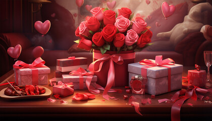 Romantic Valentine's Day Lovers with a gift box of red rose flower nature generated by AI - obrazy, fototapety, plakaty