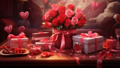 Foto op Canvas Romantic Valentine's Day Lovers with a gift box of red rose flower nature generated by AI © Baby
