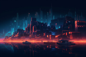 Futuristic city at night. Futuristic cityscape with glowing lights.