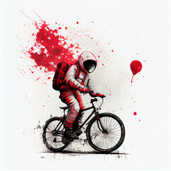 an astronaut on a red bicycle with red balloon, generative ai