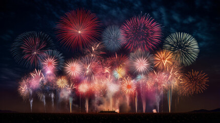 Vibrant fireworks in various colors adorn the night sky, suitable for the New Year and other celebrations