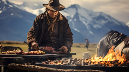 Argentine gaucho making a barbecue in his country house, surrounded by mountains, Argentine Patagonia, lifestyle in Latin America - obrazy, fototapety, plakaty