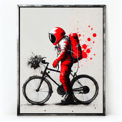 an red astronaut with black bicycle white background, generative ai