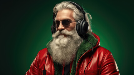 Modern funny santa claus man in sunglasses listening to music in headphones, party time, green...