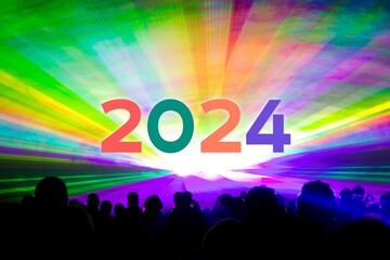 Happy new year 2024 colored laser show party people crowd. Luxury entertainment with audience silhouettes turn of the year celebration. Premium nightlife event at holidays season party time - 661931659
