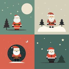 Set of minimalistic Santa Claus illustration in green, beige and red colors