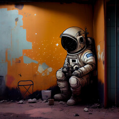 cartoon astronaut and wall, generative ai