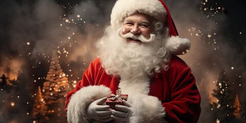 Generative AI image of smiling Santa Claus with long white beard looking at camera against christmas tree and presents background
