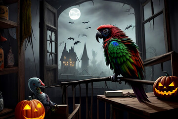 Bad angry Colored zombie Cocatel, parrot eating an rat, ((“exploding” small cage)) hanging from ceiling), old wooden horror house, diffuse lightning, (special effects And background - AI generated - Powered by Adobe