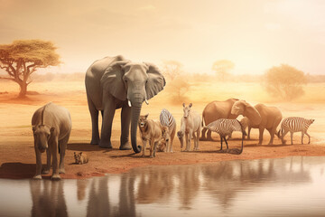 Fototapeta na wymiar Elephants and zebras in the savanna of Africa
