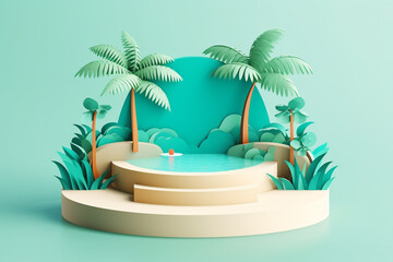 3d render of tropical island with palm trees and flamingo in the sea