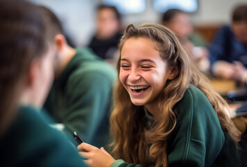 A candid shot of a teenage girl laughing as she holds her smartphone, surrounded by friends and classmates at school, showcasing a genuine social moment.