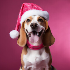 Beagle dog in a Santa Claus costume. 