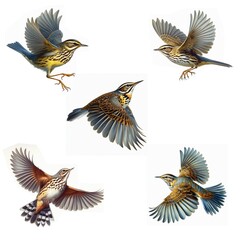 A set of male and female Louisiana Waterthrush flying isolated on a white background