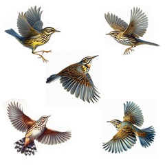 Obraz premium A set of Louisiana Waterthrush flying isolated on a white background