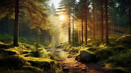 Tropical stream flowing through lush rainforest. AI generated image