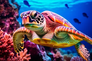 Fototapeta premium sea turtle close up over coral reef