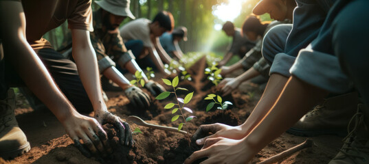 a group of determined individuals planting young saplings in an area previously deforested. - obrazy, fototapety, plakaty