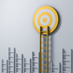Business goal target and leadership concepts or stand out from the crowd concept the long gold different ladder aiming to goal target on white grey wall background with shadows 3D rendering