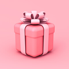 Minimal pink pastel color gift box or pink present box with pink ribbon and bow isolated over light pink background minimal conceptual 3D rendering