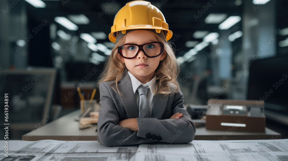 Poster portrait of a little girl looking like an engineer or architect wearing a helmet with blueprints on 