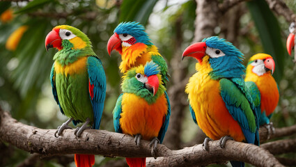 Obraz premium Cute funny tropical parrots on a branch, leaves,