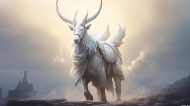 a fantasy creature dressed in white with horns.Generative AI