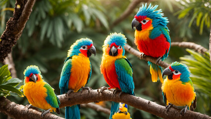 Cute funny tropical parrots on a branch, leaves,