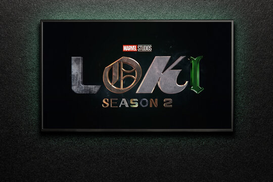 American television series Loki trailer or movie on TV screen. Astana, Kazakhstan - October 5, 2023.