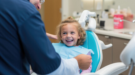 Little girl smiles at a dentist appointment. - obrazy, fototapety, plakaty