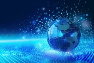 Fototapeta na wymiar Digital data processing and globe illustration over a blue background. Generative AI