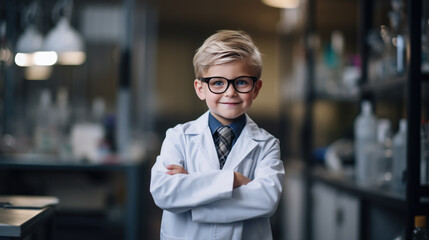 Little boy in a white coat plays doctor. The concept of a child in an adult profession.