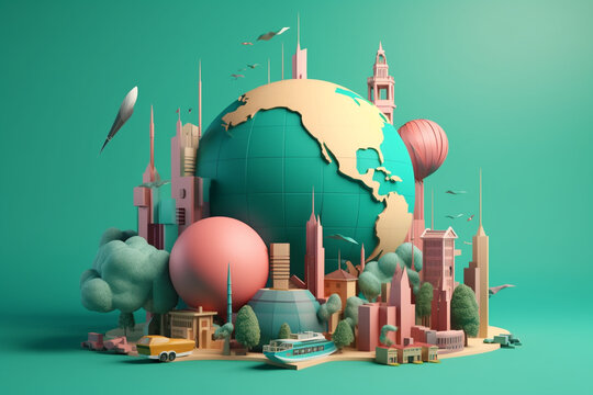 3d illustration of cityscape with globe and buildings on green background