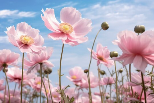 Delicate pink anemone flowers bloom in a field under a blue sky. Generative AI © Genevieve