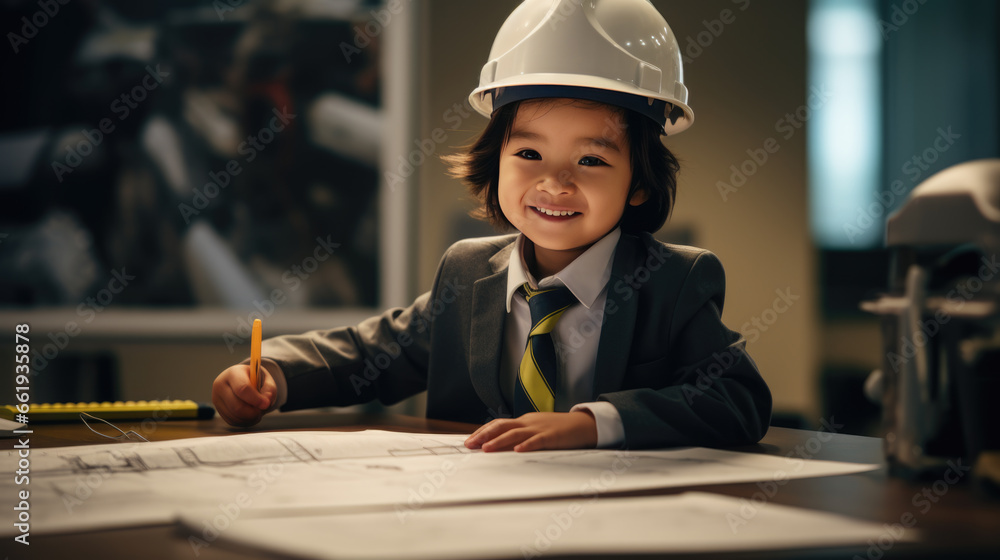 Poster portrait of a little girl looking like an engineer or architect wearing a helmet with blueprints on 