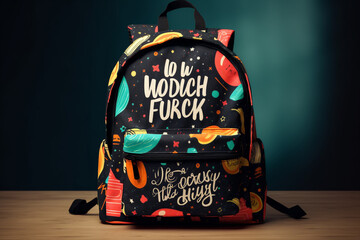 Backpack with colorful doodles on the wall. Back to school concept