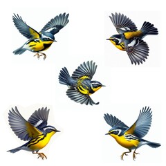 Fototapeta premium A set of male and female Magnolia Warblers flying isolated on a white background