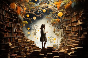 A girl in an unusual fantasy library among strange trees, the concept of reading