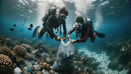 Wide close-up underwater shot of two divers diligently cleaning the ocean floor.