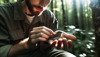 Close-up photo of a male wildlife biologist of European descent gently tagging a small bird in his hand - obrazy, fototapety, plakaty