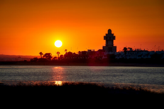 Beautiful sunset skyline at the harbor of Isla Cristina, Costa de la Luz, Spain