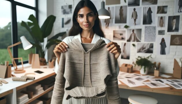 Close-up photo of a female fashion designer of Hispanic descent, proudly presenting a clothing piece crafted from sustainable materials