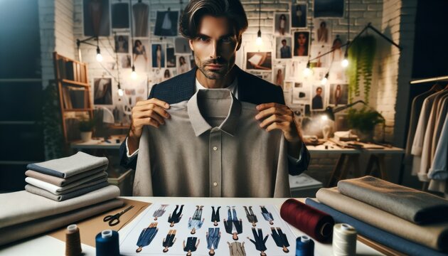 Wide close-up shot of a fashion designer of European descent intently displaying a shirt made from recycled fabrics in his artistic studio.