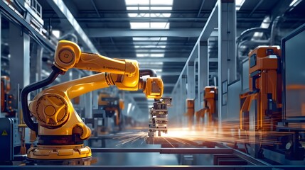 Industrial robot works automatically in smart autonomous factory. generative ai - obrazy, fototapety, plakaty