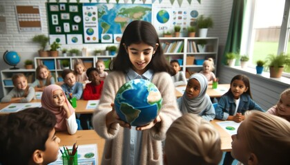 Inside a brightly lit classroom, a close-up shot focuses on a girl of Middle Eastern descent who is displaying a model of Earth to her classmates.