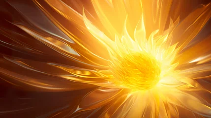 Foto op Aluminium Digital illustration of solar flare in yellow abstract shape. 3D sunburst digital art in sharp focus and soft shadows. Yellow and bronze sun rays. © Vagner Castro