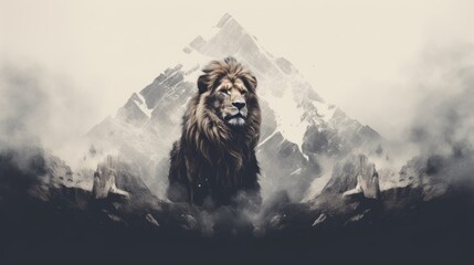 Lion in the mountains. Artistic image of a wild animal - obrazy, fototapety, plakaty