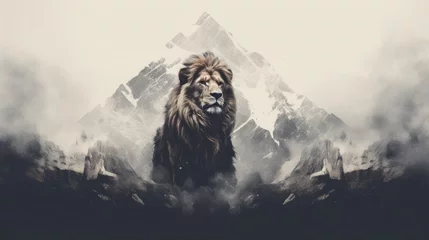 Fotobehang Lion in the mountains. Artistic image of a wild animal © hardqor4ik