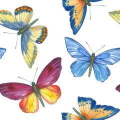 Fototapeta na wymiar Seamless pattern for design. Colorful watercolor butterflies on a white background.