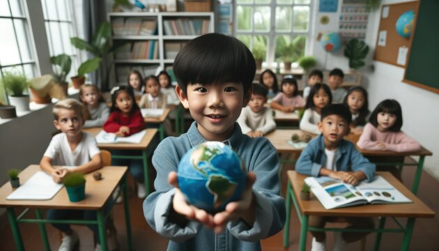 A close-up photo captures a classroom scene where a child of Asian descent proudly holds up a model of Earth